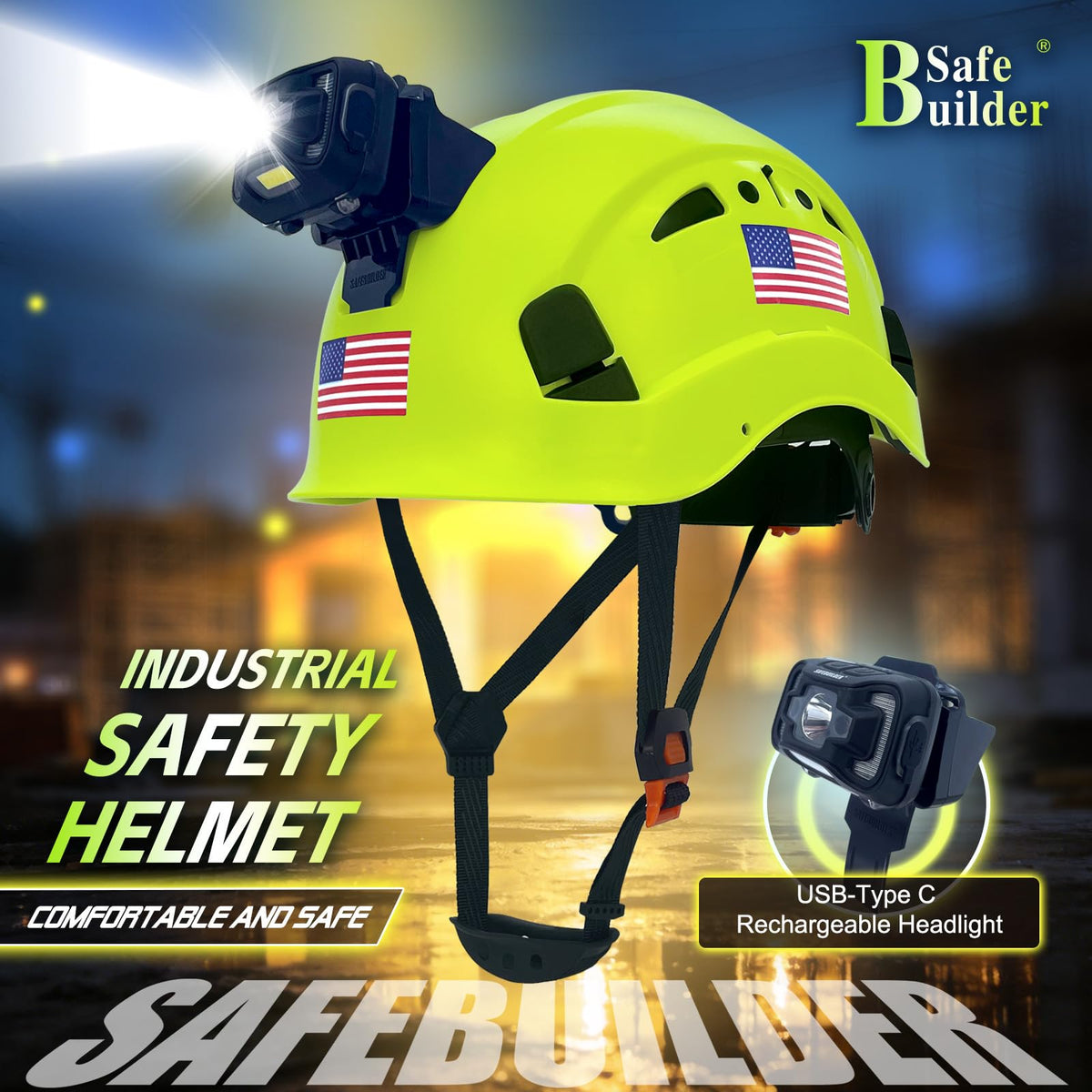 Construction Safety Helmet with Headlight Hard Hat Headlamp Adjustable Ventilation Hardhats Work Head Protection