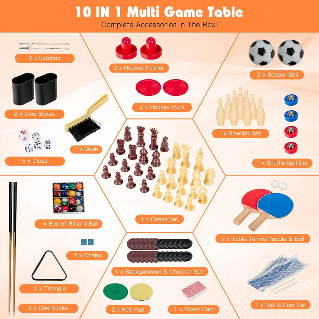 Multi Game Table, 10 in 1 Combo Game Table w/Foosball Table, Hockey, Pool Table, Ping Pong, Shuffleboard, Bowling & 4