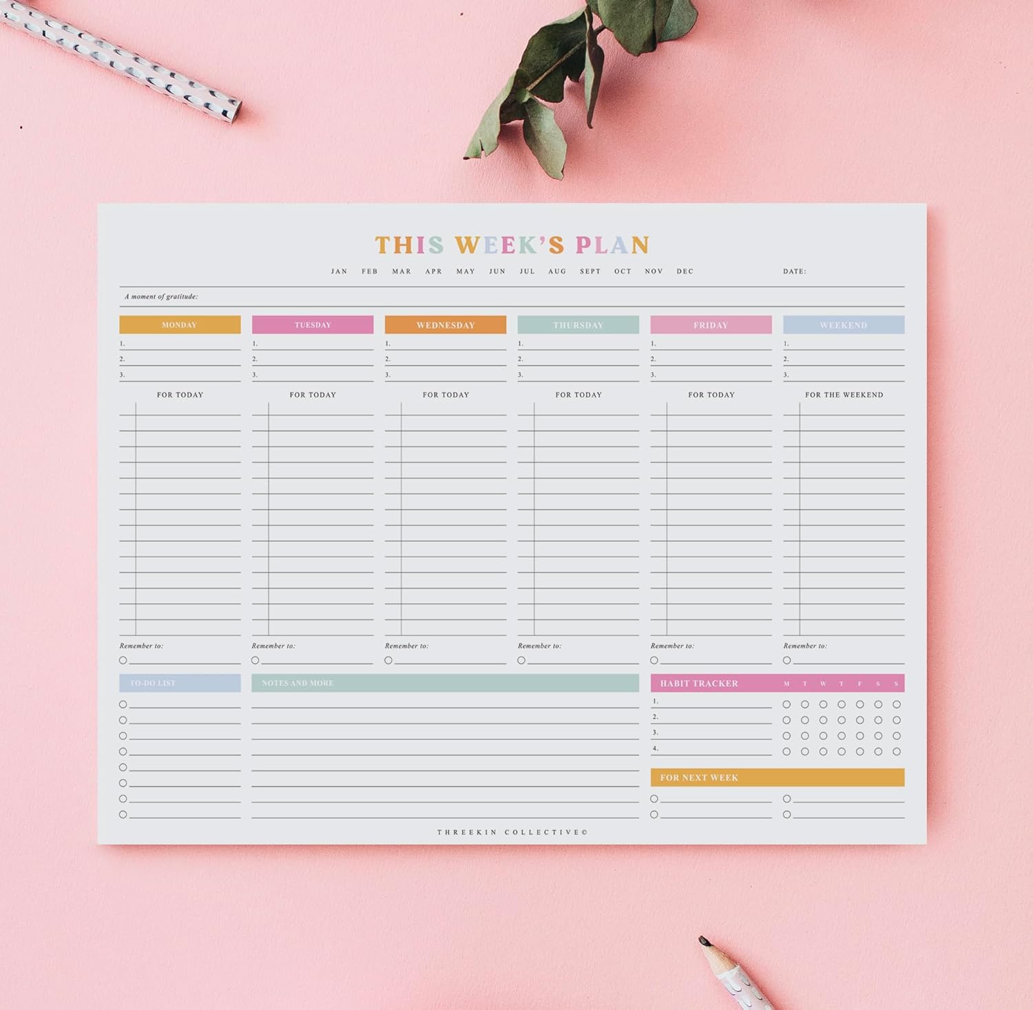 ThreeKin Weekly Planner - Premium 52-Sheet Tear-Off Notepad, 8.5 x 11 inches, Clean Colorful Design, Perfect for