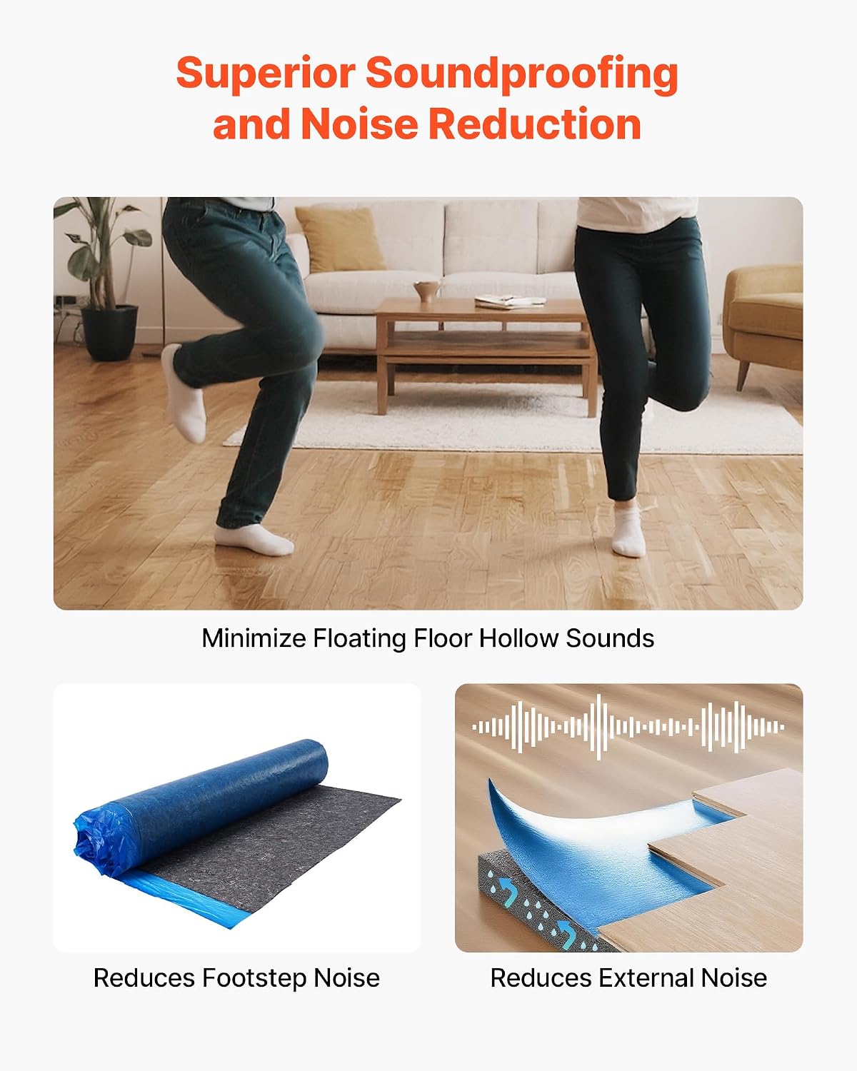 Floor Underlayment 100 sq. ft/Roll, 3 mm Thick Laminate Flooring Padding with Attached Vapor Barrier, Heavy Duty