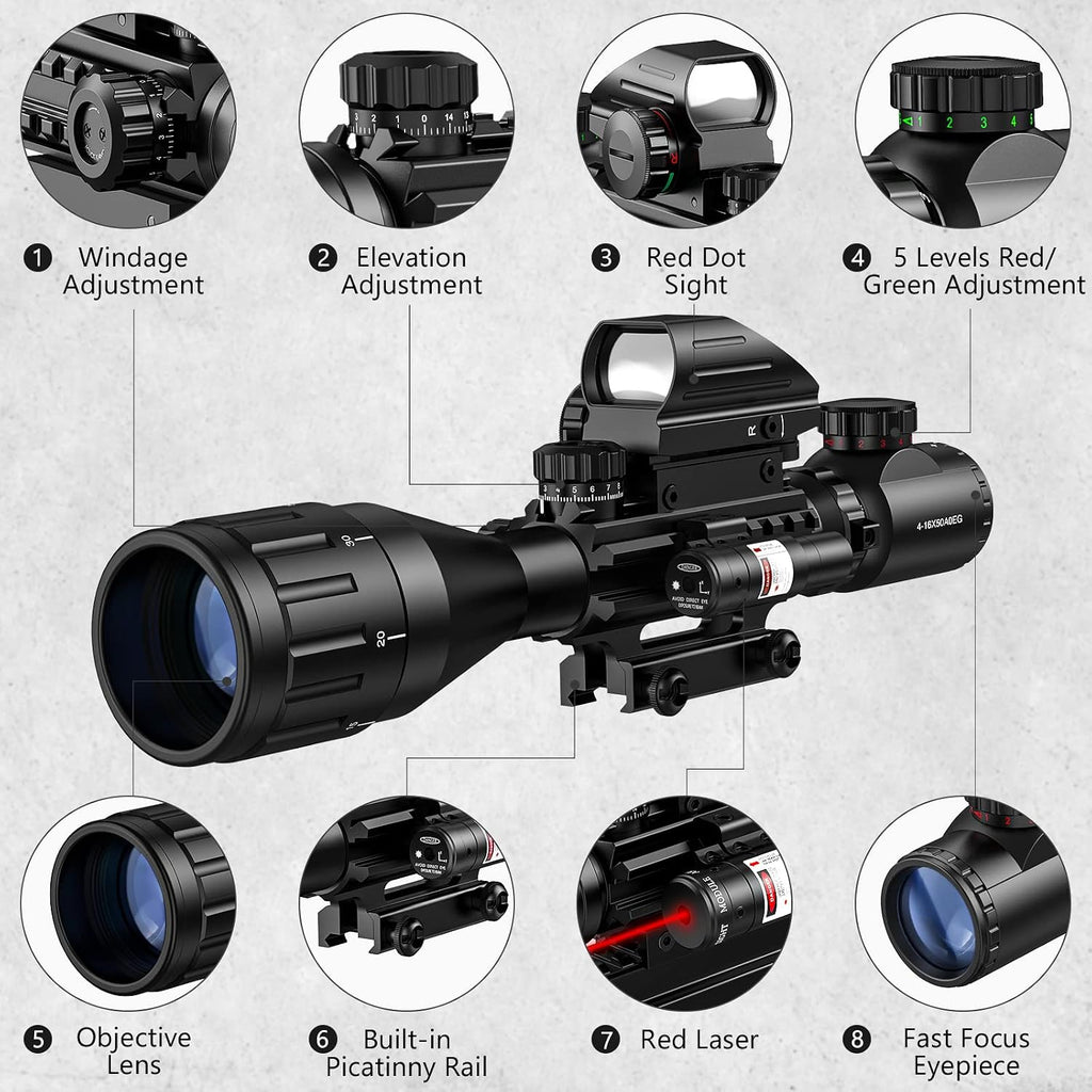 4-16x50 AO Hunting Rifle Scope Dual Illuminated Rangefinder Optics & 4 Holographic Reticle Red/Green Dot Sight &
