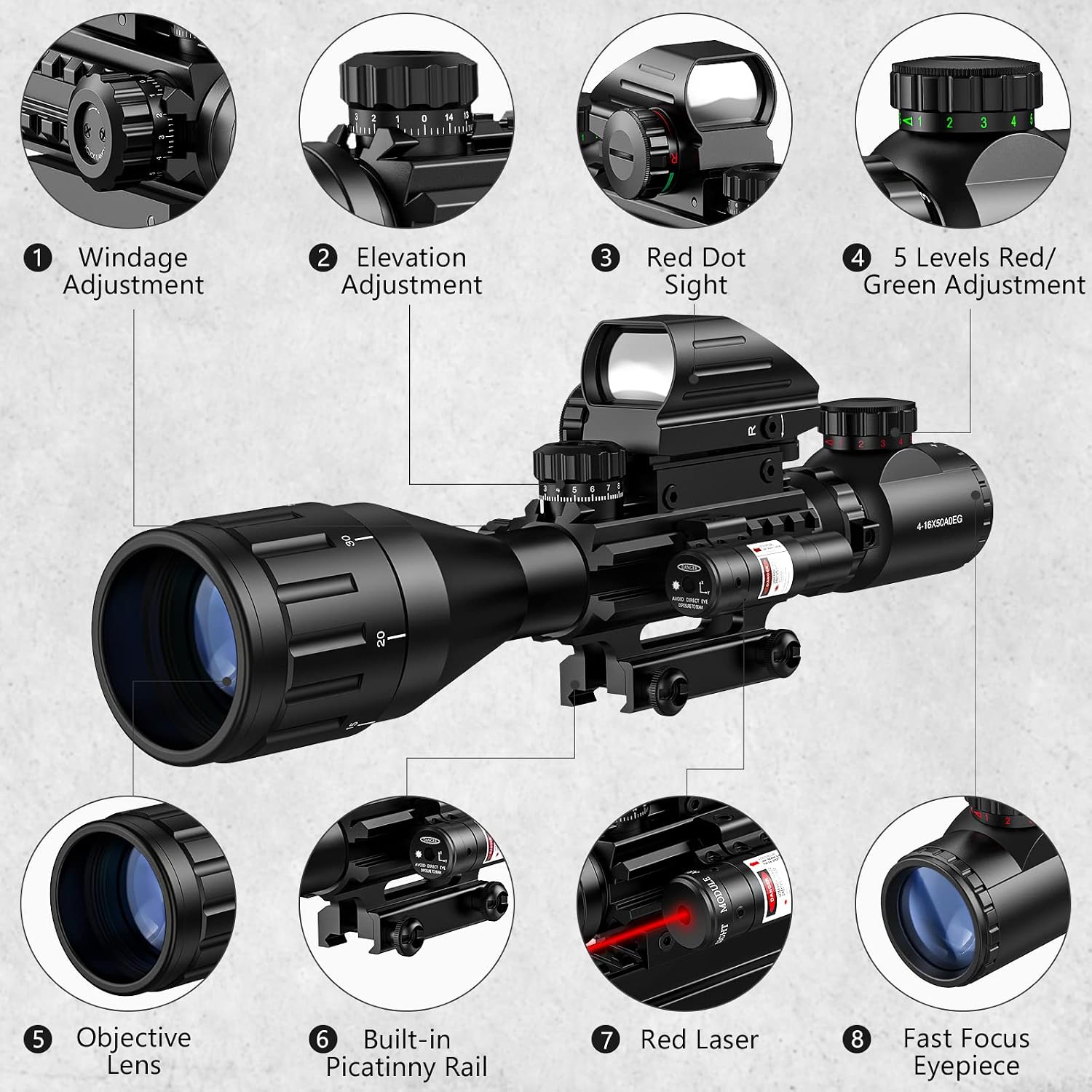 4-16x50 AO Hunting Rifle Scope Dual Illuminated Rangefinder Optics & 4 Holographic Reticle Red/Green Dot Sight &