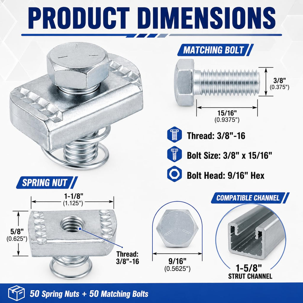 50 Set 3/8-16 Spring Nut and Bolt Kit for 1-5/8 Strut Channel