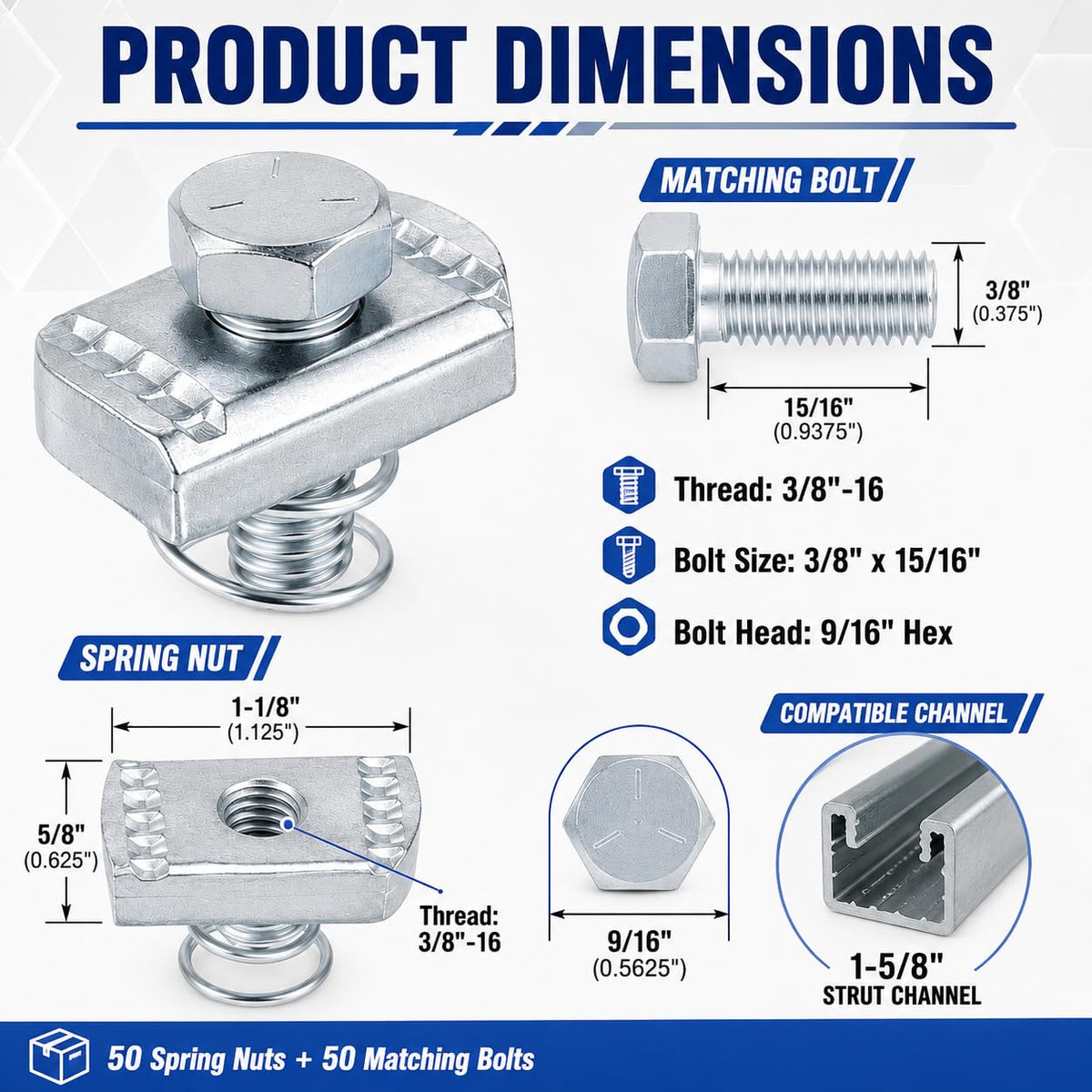 50 Set 3/8-16 Spring Nut and Bolt Kit for 1-5/8 Strut Channel