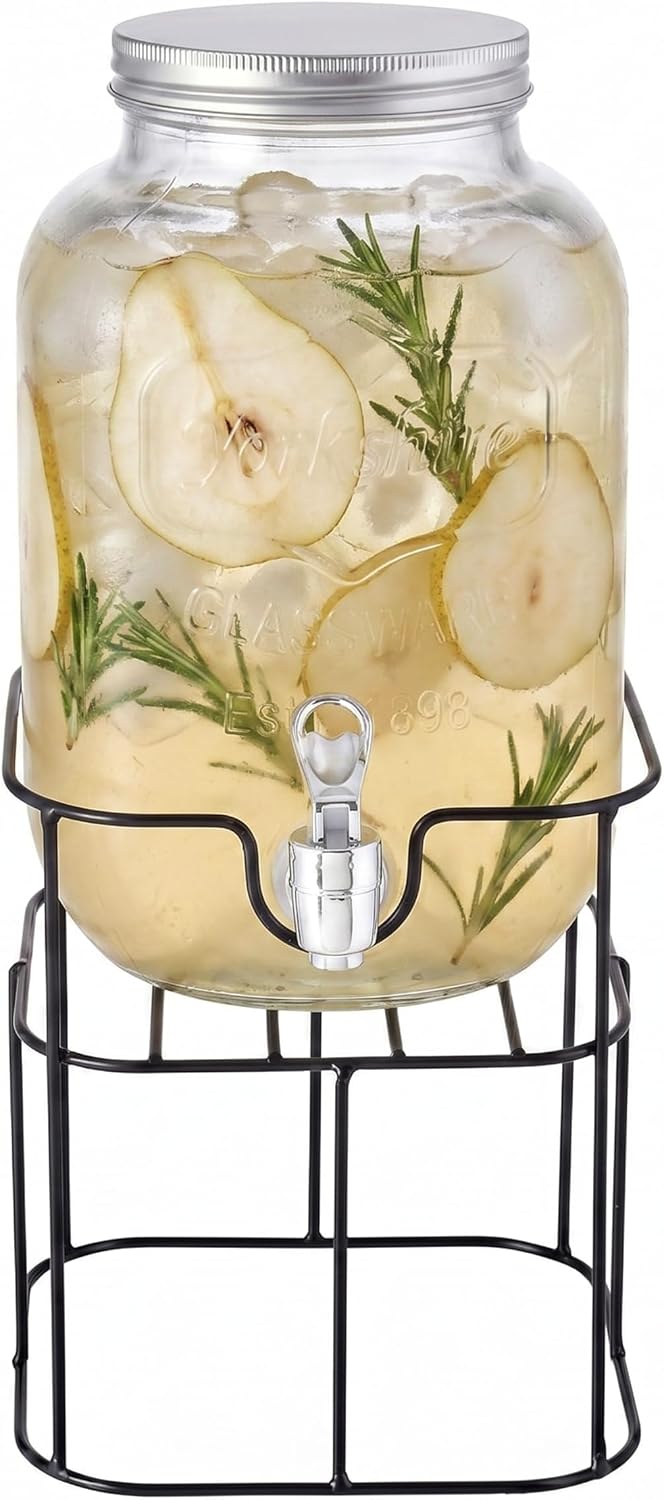 Mason Jar Glass Beverage Dispenser Sun Tea w/Metal Stand, 1 Gal