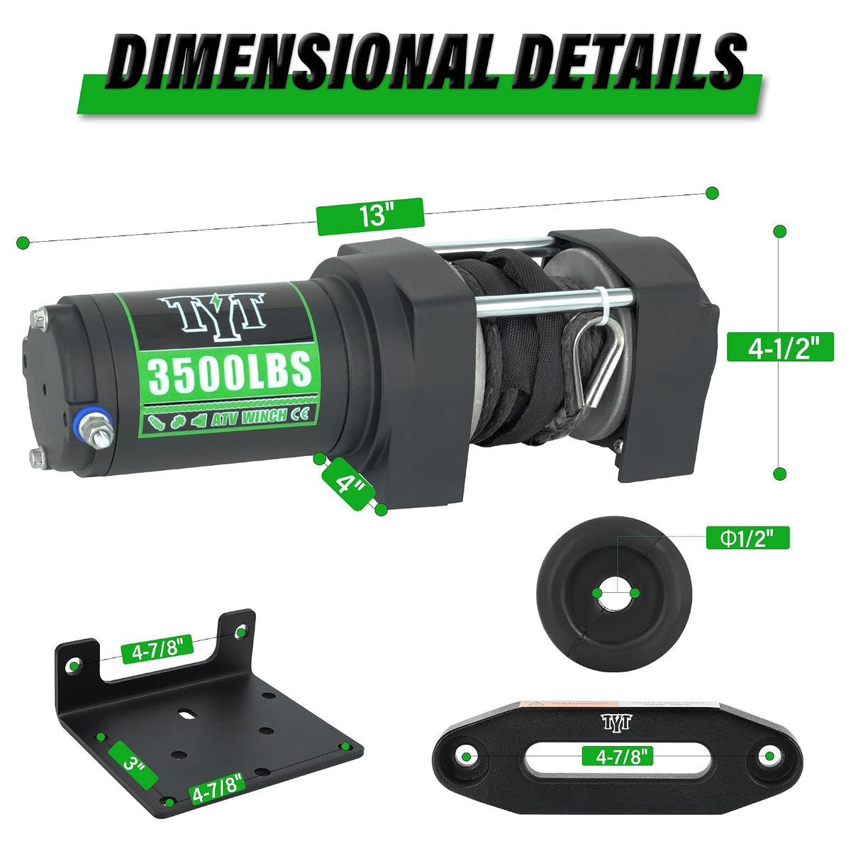 3500 lb ATV Winch, 12V DC Electric Winch with Wireless Remote and Wired Switch, 7/32"x 30FT Synthetic Winch Rope with