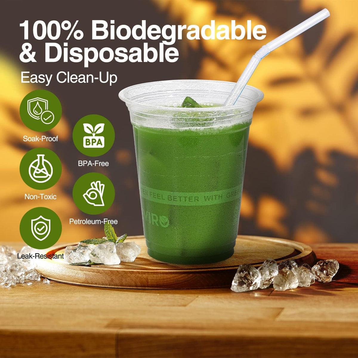 Eco Compostable Plant-Based Clear Plastic Cups 12oz Thick, Reusable, Disposable Iced Coffee Cups for Smoothies, Beer