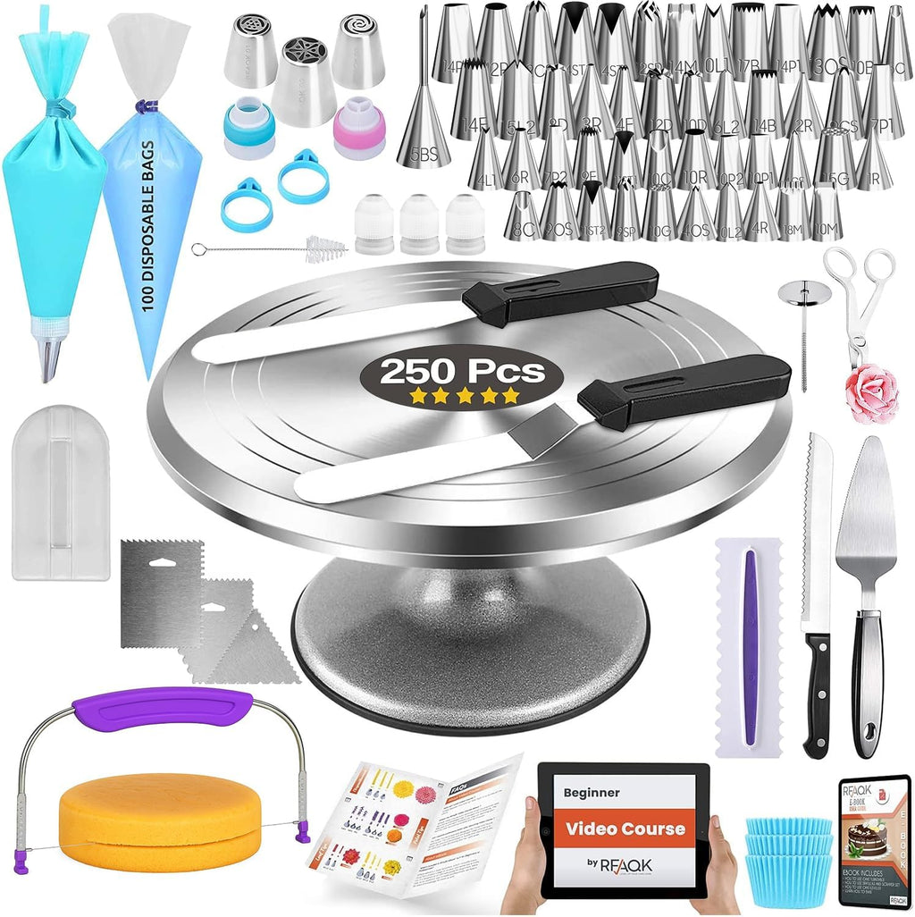 250 PCs Aluminum Cake Decorating Tools Kit with 12" Metal Turntable & Knife set-48 Numbered Icing Tips-3 Russian