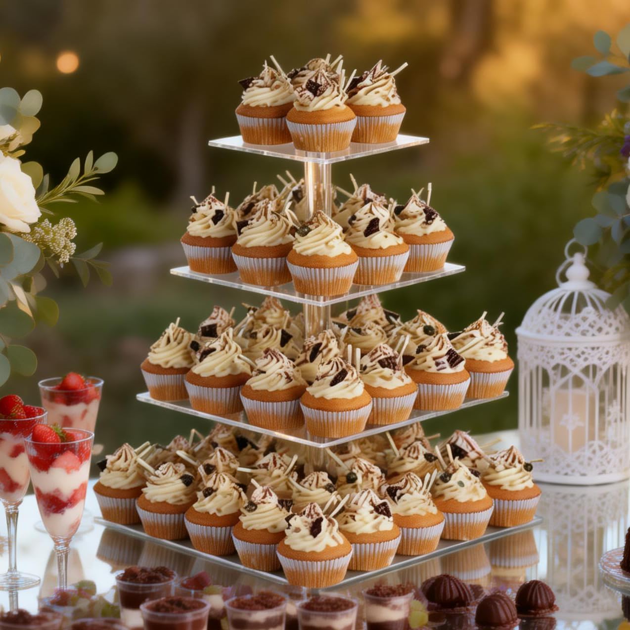 4 Tier Acrylic Cupcake Tower Stand, Clear Square Dessert Treat Display, Cake and Cupcake Stand Set, Candy Bar Party