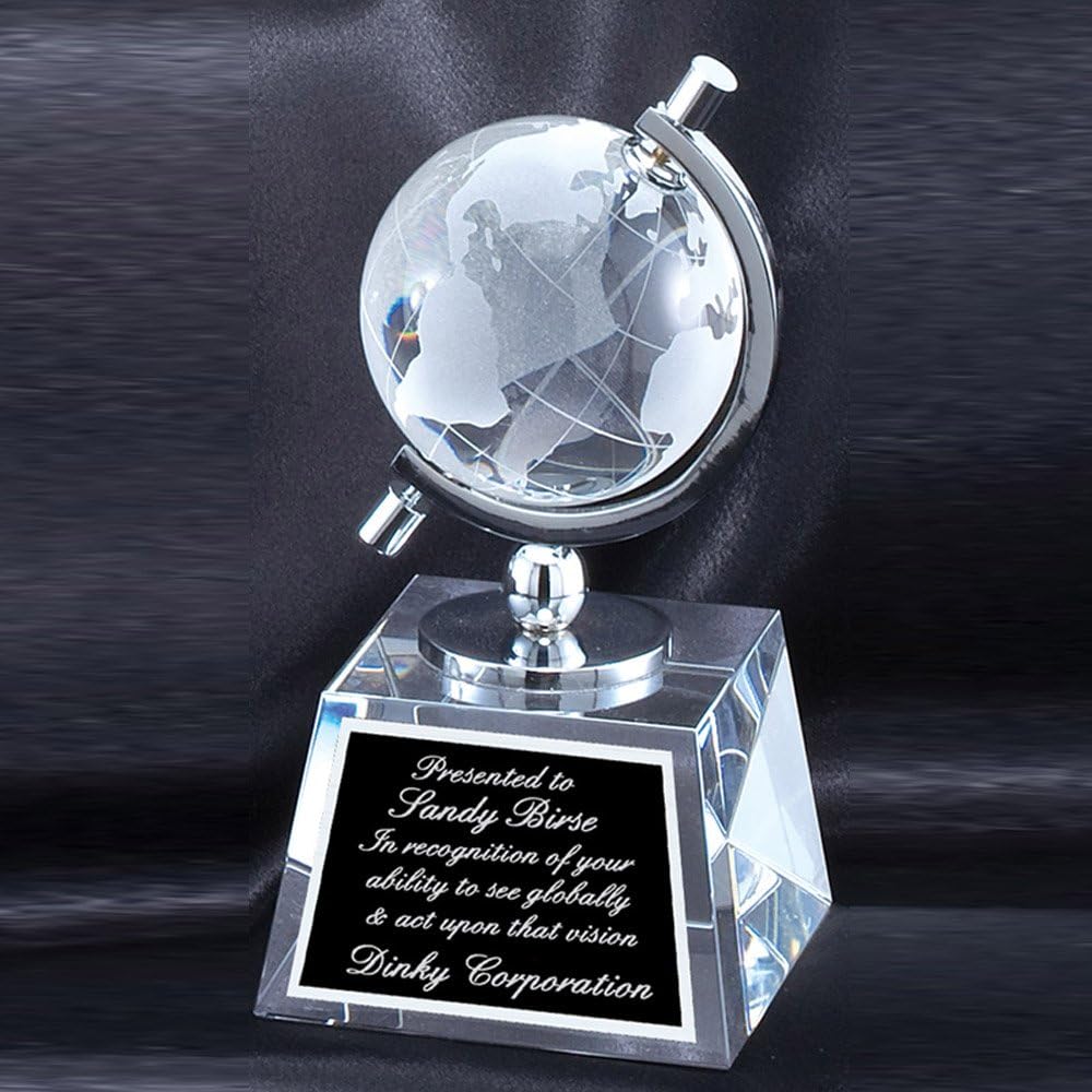 Personalized Optical Crystal Spinning World Globe Trophy, Custom Achievement and Recognition Award with Engraved