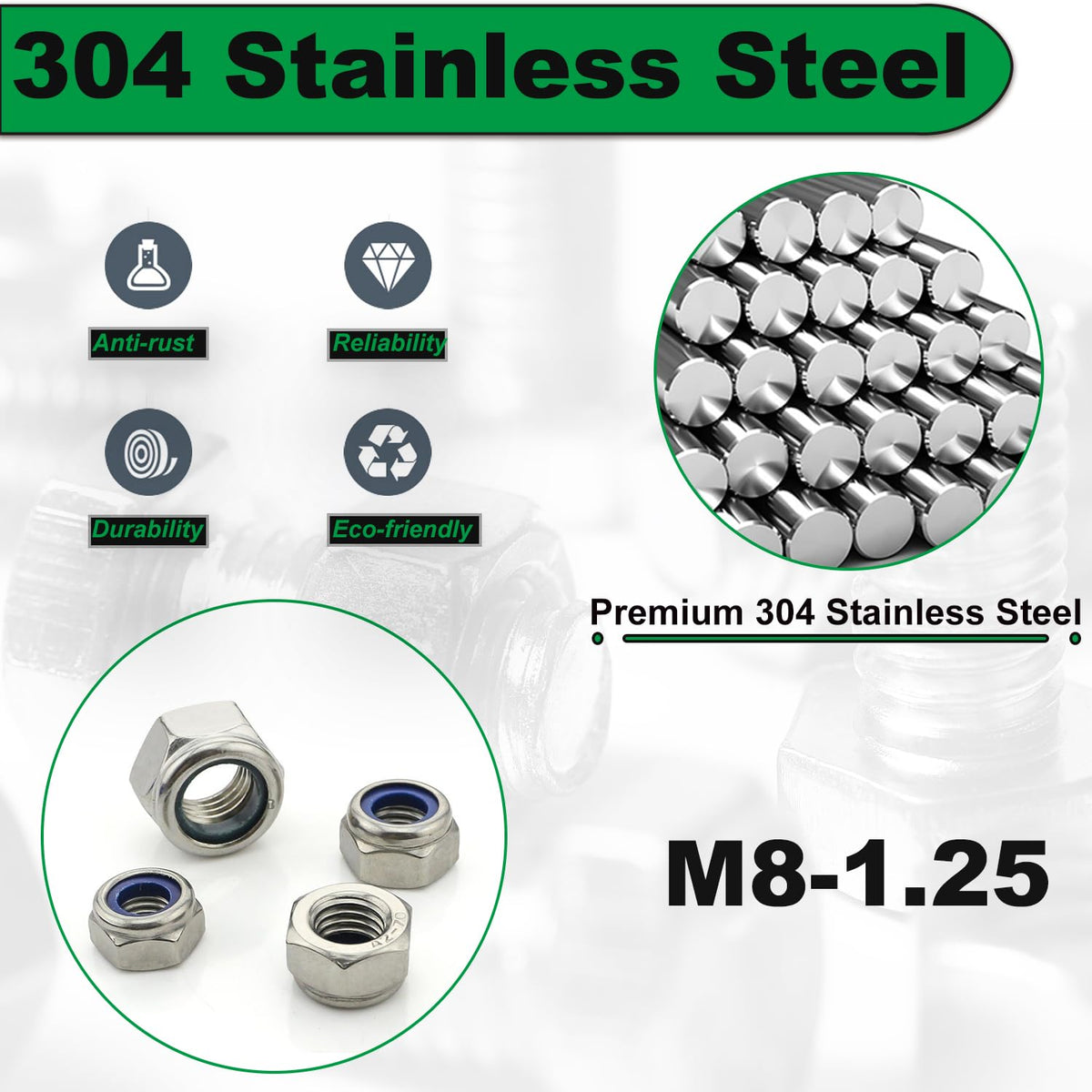 M8 1.25 Locknuts Metric Nylon Inserted Hex Lock Nuts