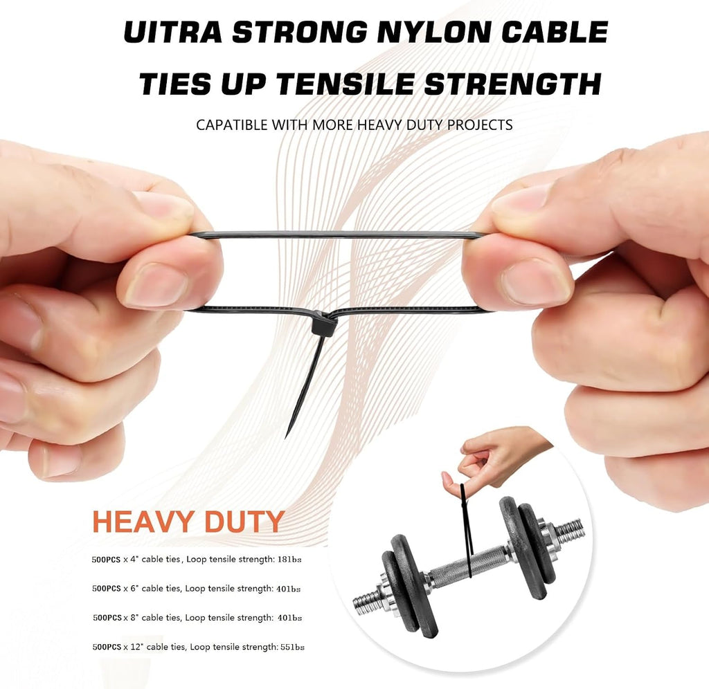 Zip Ties Assorted Sizes(4”+6”+8”+12”), 2000 Pack,Black Cable Ties,Multi-Purpose Self-Locking Nylon Cable Cord