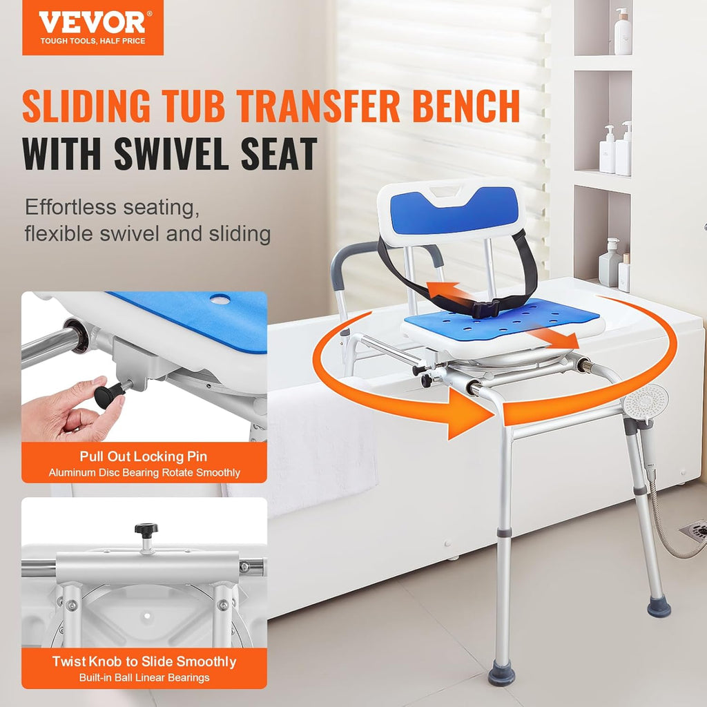 Sliding Tub Transfer Bench with 360 Degree Swivel Seat, Height Adjustable Bathtub Transfer Bench with Armrest &