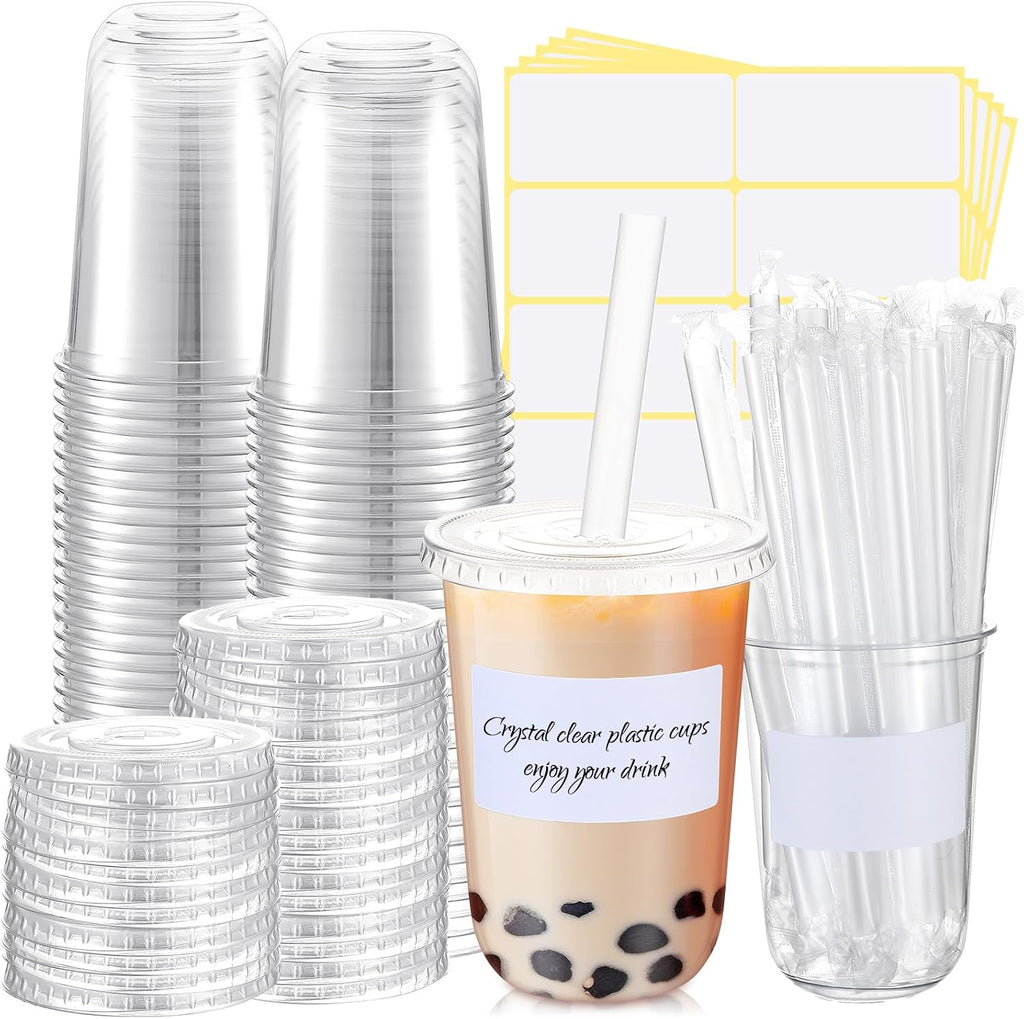 25 Sets Clear Plastic Cups with Lids, Straws and Stickers,16 oz