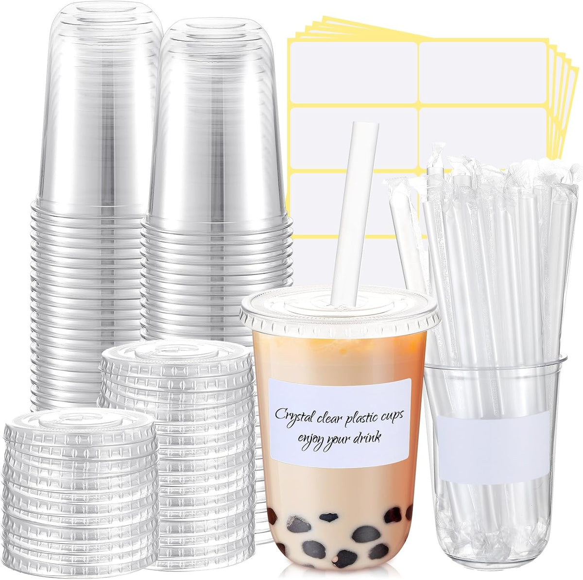 25 Sets Clear Plastic Cups with Lids, Straws and Stickers,16 oz