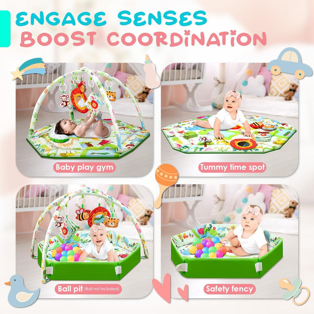 Baby Play Mat,Tummy Time Mat with 6 Detachable Toys-Activity Gym for Visual, Auditory & Motor Development-Washable