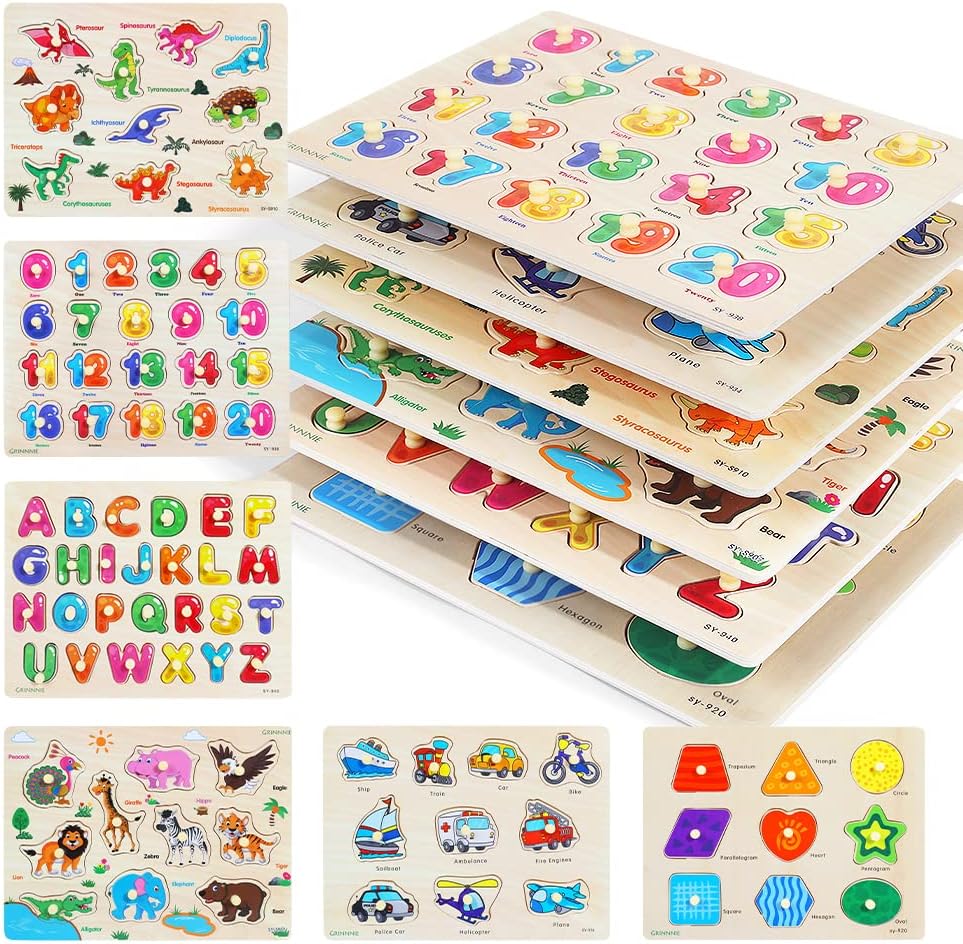 GRINNNIE Wooden Peg Puzzle for Toddlers, 6 Pack Toddler Puzzles Set for 3 4 5 Years Old (Alphabet Number Shape Animal