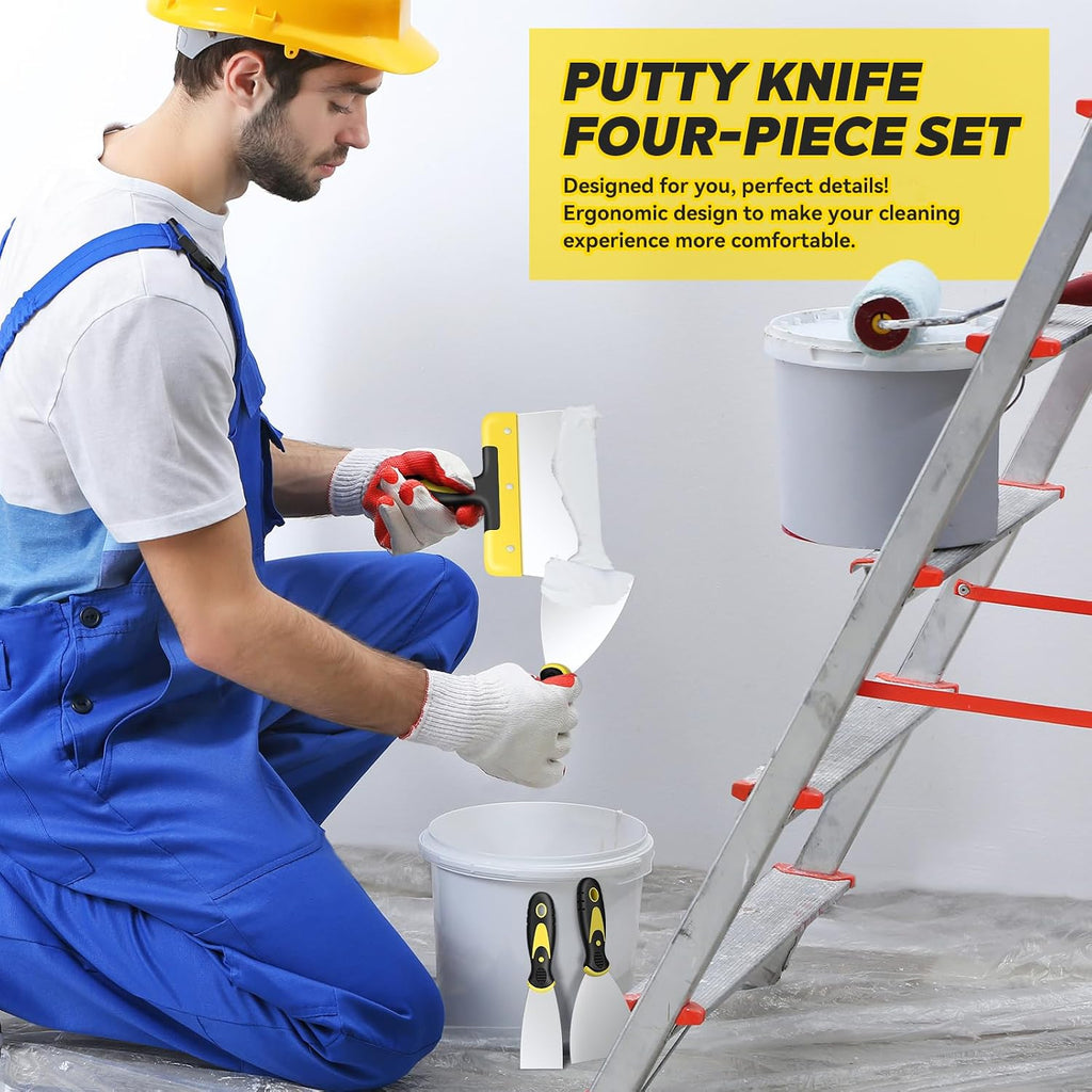 Putty Knife Set, 4PCS Stainless Steel Scraper Paint Tool with Comfortable Grip for Drywall Repair, Wallpaper Removal