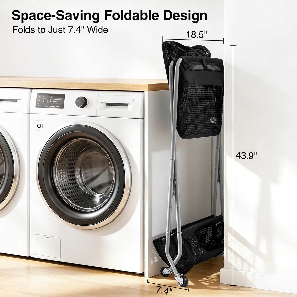 2-Tier Foldable Laundry Cart with Wheels, 75L Tall Rolling Laundry Hamper, Collapsible Laundry Basket with Removable