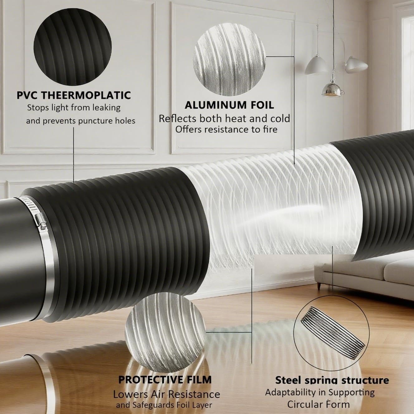 6 inch 12 feet Flexible Aluminum Ducting 4 Layer Protection Dryer Vent Hose for HVAC Heating Cooling Ventilation and