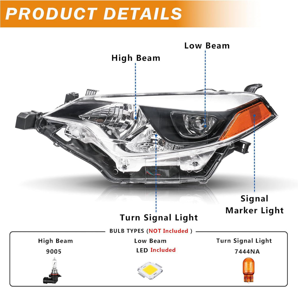 Projector Headlights Assembly Compatible with 2014 2015 2016 Toyota Corolla