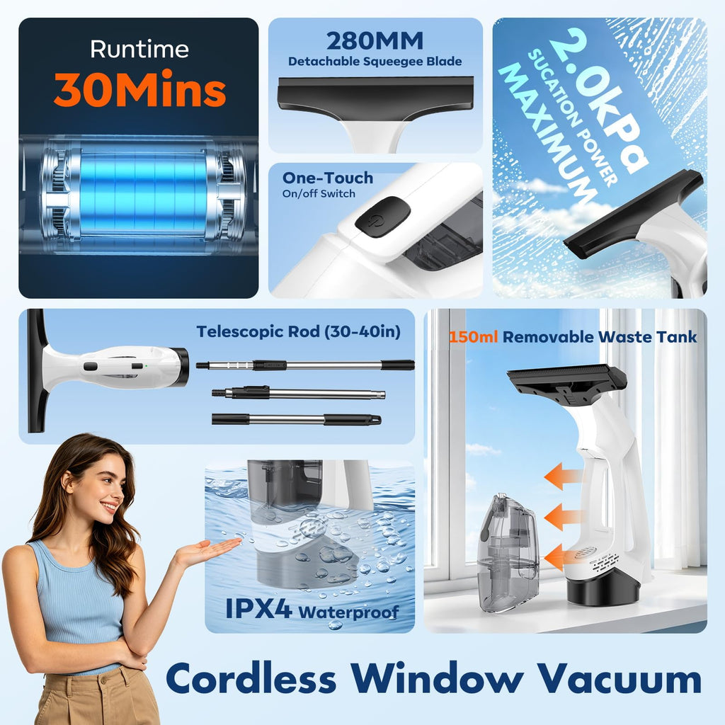 Window Vacuum Squeegee,2200mAh, Cordless Extendable Pole