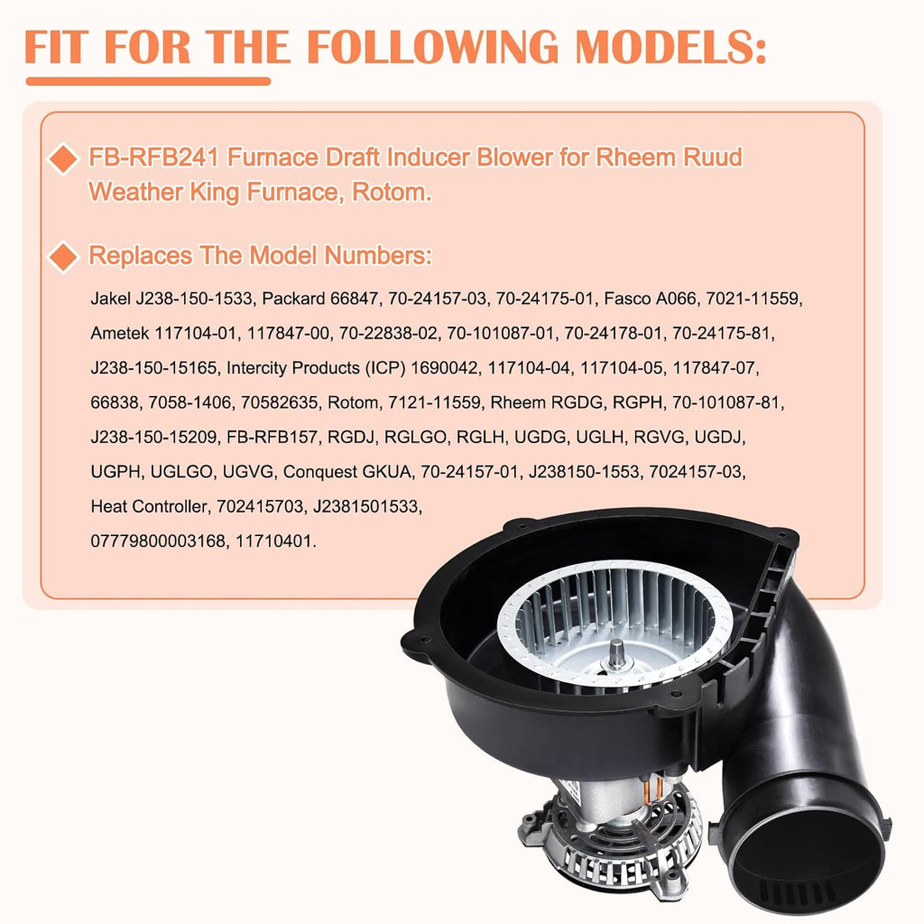 Hiorucet Furnace Draft Inducer Blower FB-RFB241 for Rheem Ruud, Jakel J238-150-1533, Packard 66847, 70-24157-03, 70-24175-01, Fasco 7021-11559, Ametek 117104-01, Rotom FB-RFB241 Draft Inducer Motor.