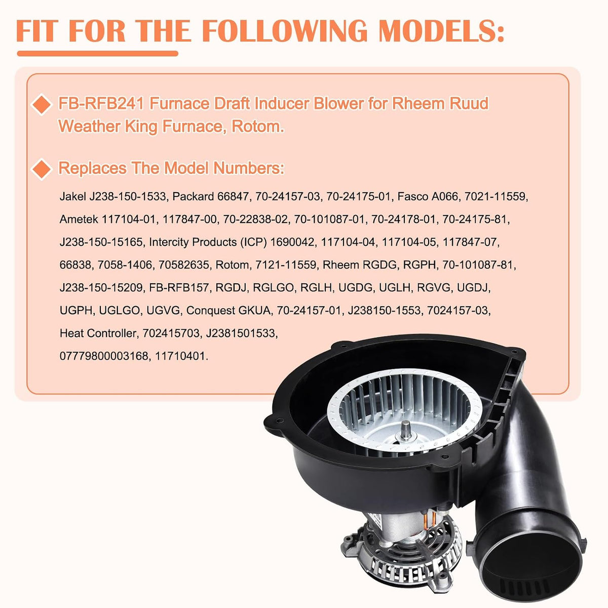 Hiorucet Furnace Draft Inducer Blower FB-RFB241 for Rheem Ruud, Jakel J238-150-1533, Packard 66847, 70-24157-03, 70-24175-01, Fasco 7021-11559, Ametek 117104-01, Rotom FB-RFB241 Draft Inducer Motor.