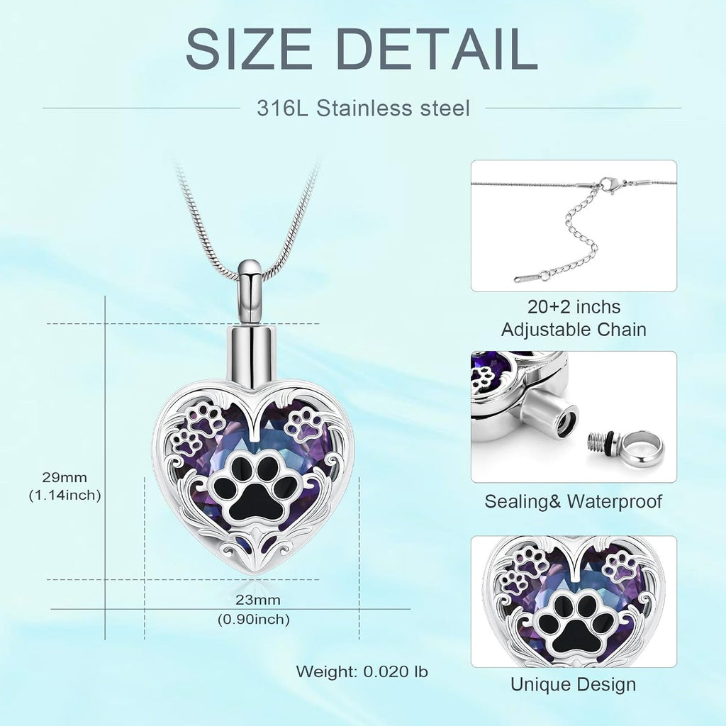 Heart Urn Necklace For Ashes Birthstone Pet Memorial Jewelry Dog Paw Print Cremation Pendant Stainless Steel Keepsake