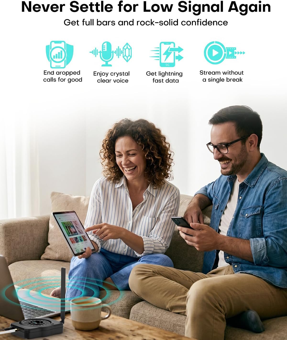 Cell Phone Signal Booster for All US Carriers, Boosts 5G 4G LTE 3G, Cell Phone Booster 72dB High Gain Antennas