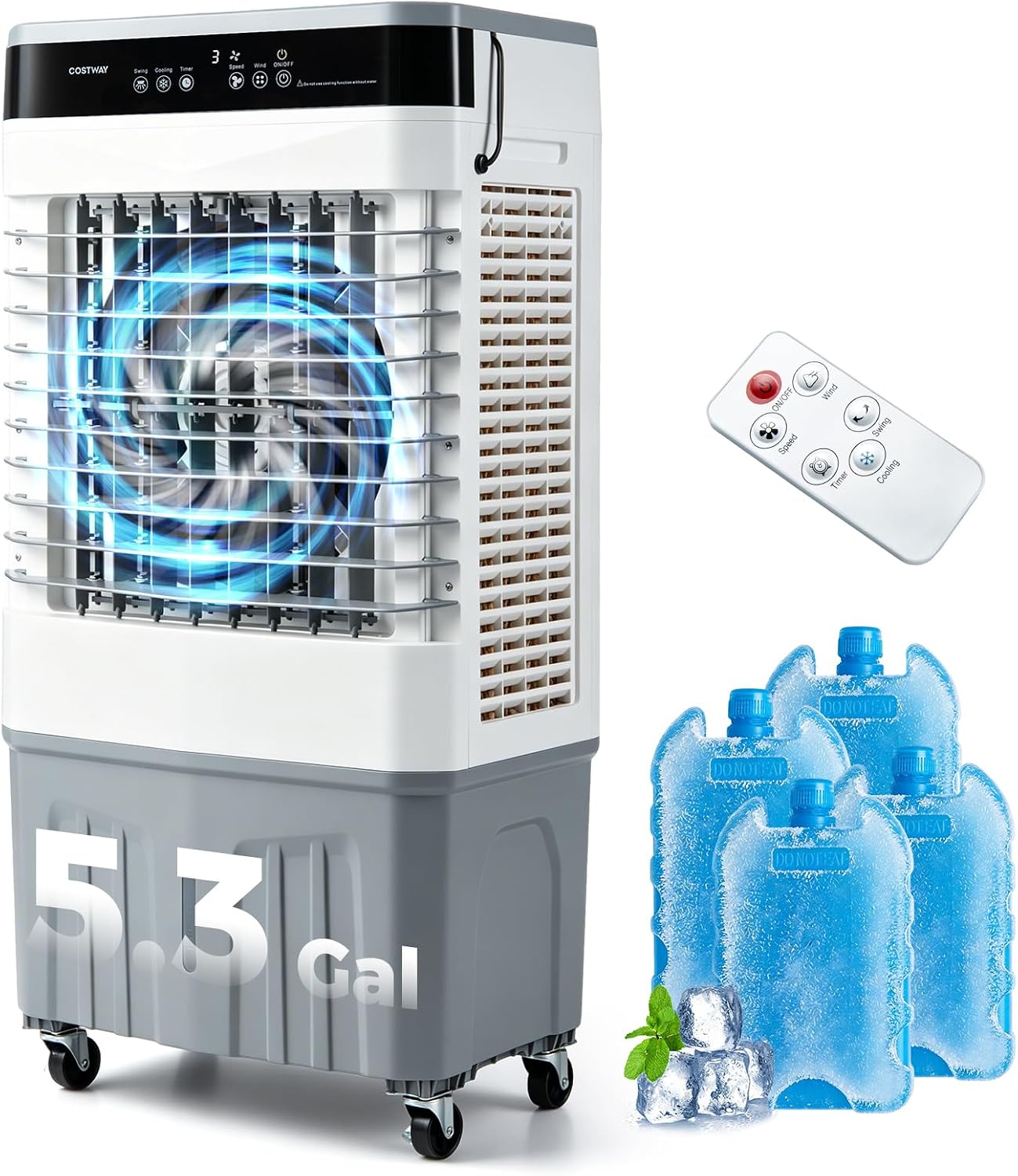 3-in-1 Swamp Cooler, 2100 CFM Evaporative Air Cooler, White | Portable Cooling Fan with Remote, 5.3 Gal Water Tank, 3