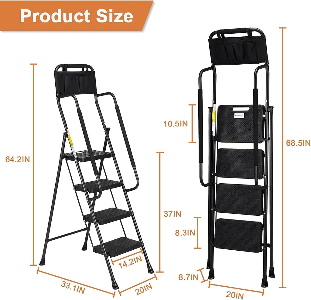 4 Step Ladder with Handrails, 330 lbs Folding Step Stool with Attachable Tool Bag & Anti-Slip Wide Pedal for Home