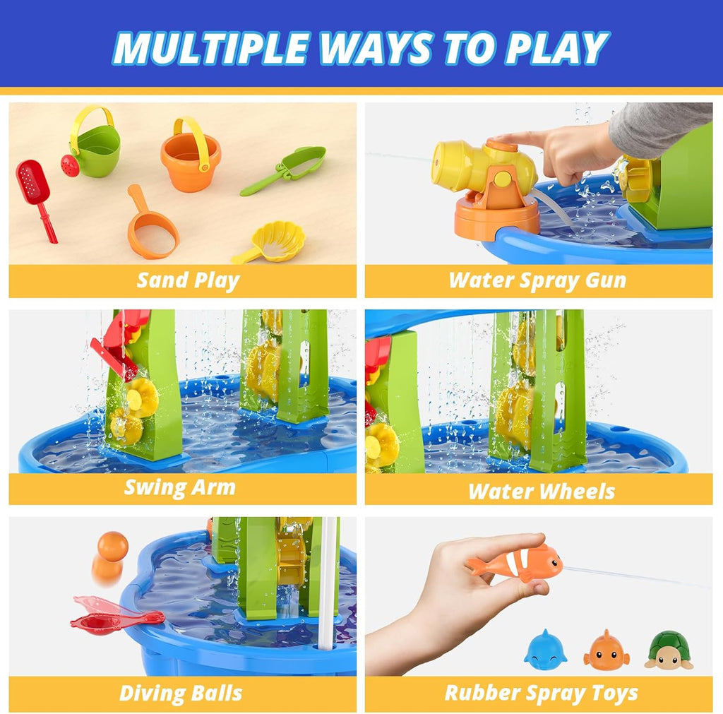 3-Tier Water Table for Toddlers, Kids Sand Water Table with Adjustable Umbrella, Sand Toys & Fishing Game, Sensory