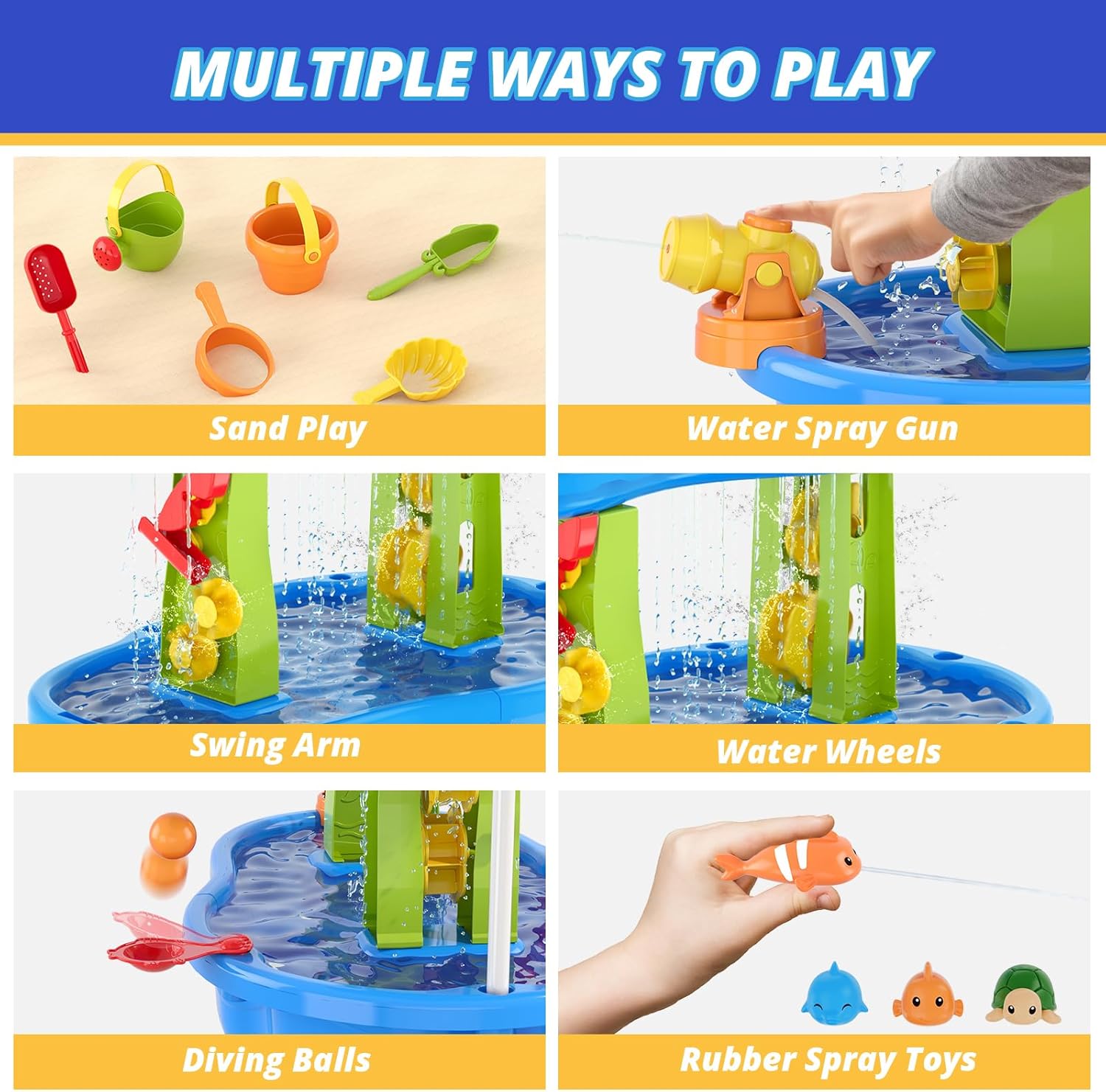 3-Tier Water Table for Toddlers, Kids Sand Water Table with Adjustable Umbrella, Sand Toys & Fishing Game, Sensory