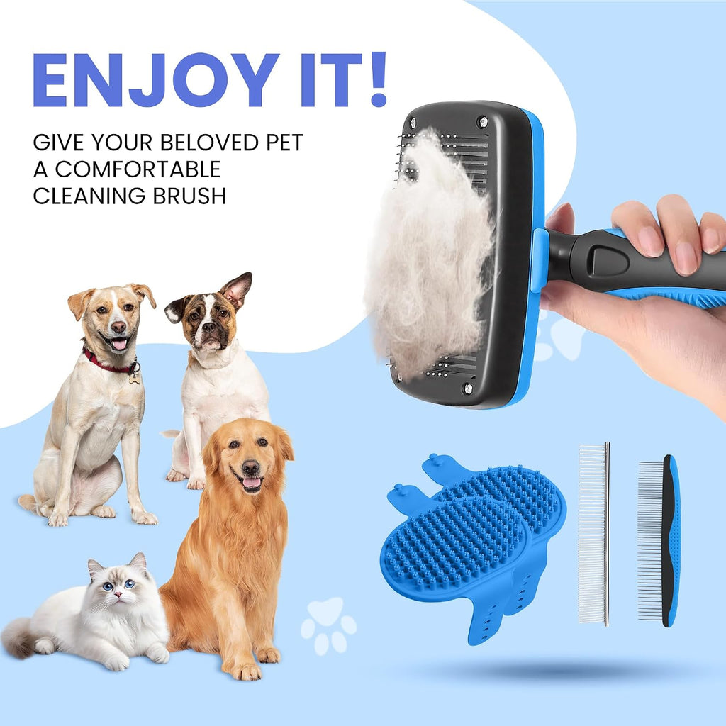 Self Cleaning Shedding Brush - 5-in-1 Professional Pet Grooming Kit Skin Friendly Grooming Tool for Dogs, Cats, and