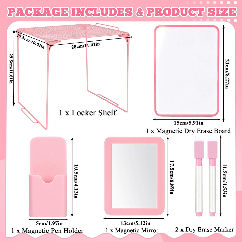 Locker Accessories for Girls with Shelf, Magnetic Mirror, Whiteboard, Pen Holder & Markers, Locker Organizer Set