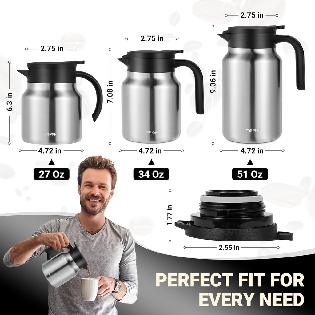 Small Insulated Coffee Carafe, 27 oz, Keeps Hot for 12H, Silver