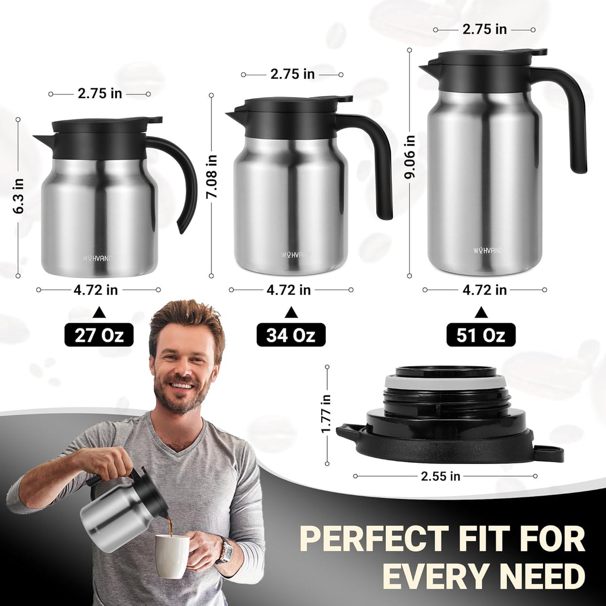 Small Insulated Coffee Carafe, 27 oz, Keeps Hot for 12H, Silver