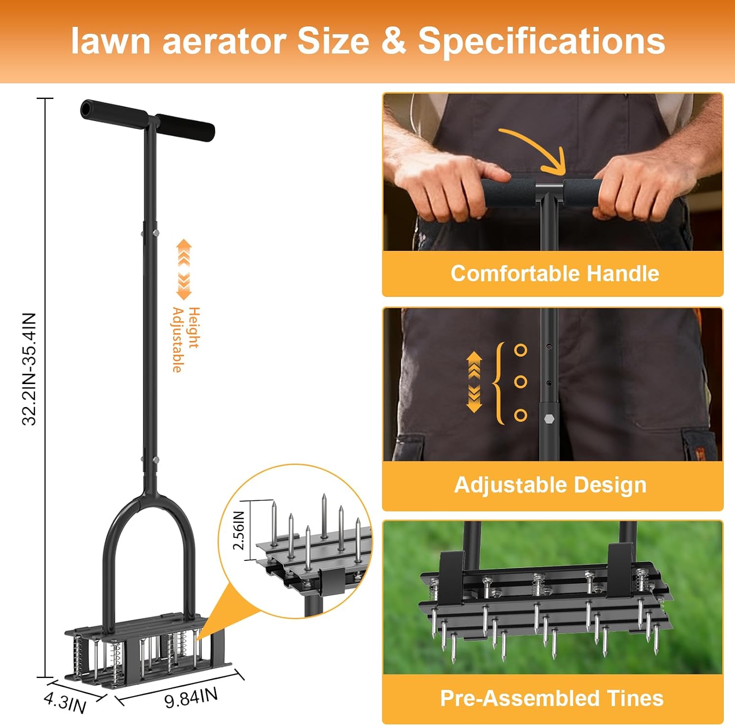 Aerator Lawn Tool - 2-in-1 Reinforced Heavy Duty Manual Lawn Aerator with 15 Spikes, Automatic Dirt and Leaf Clean