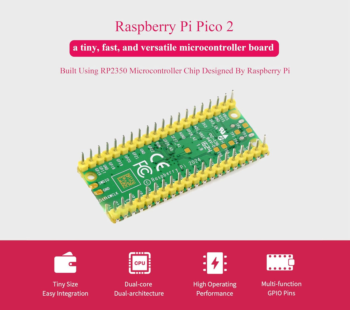 Pico 2 with Yellow Pre-Soldered Header Compatible with Raspberry Pi Pico 2