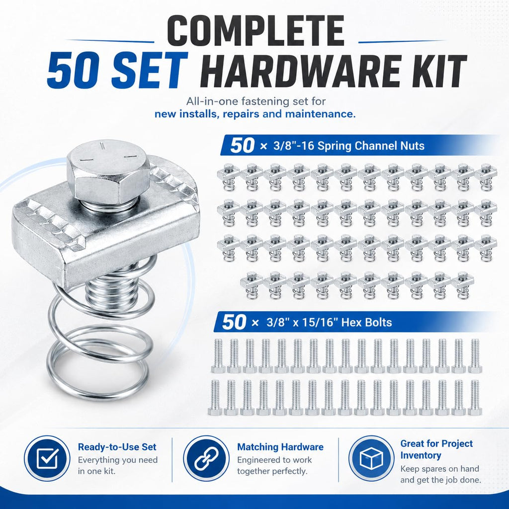 50 Set 3/8-16 Spring Nut and Bolt Kit for 1-5/8 Strut Channel