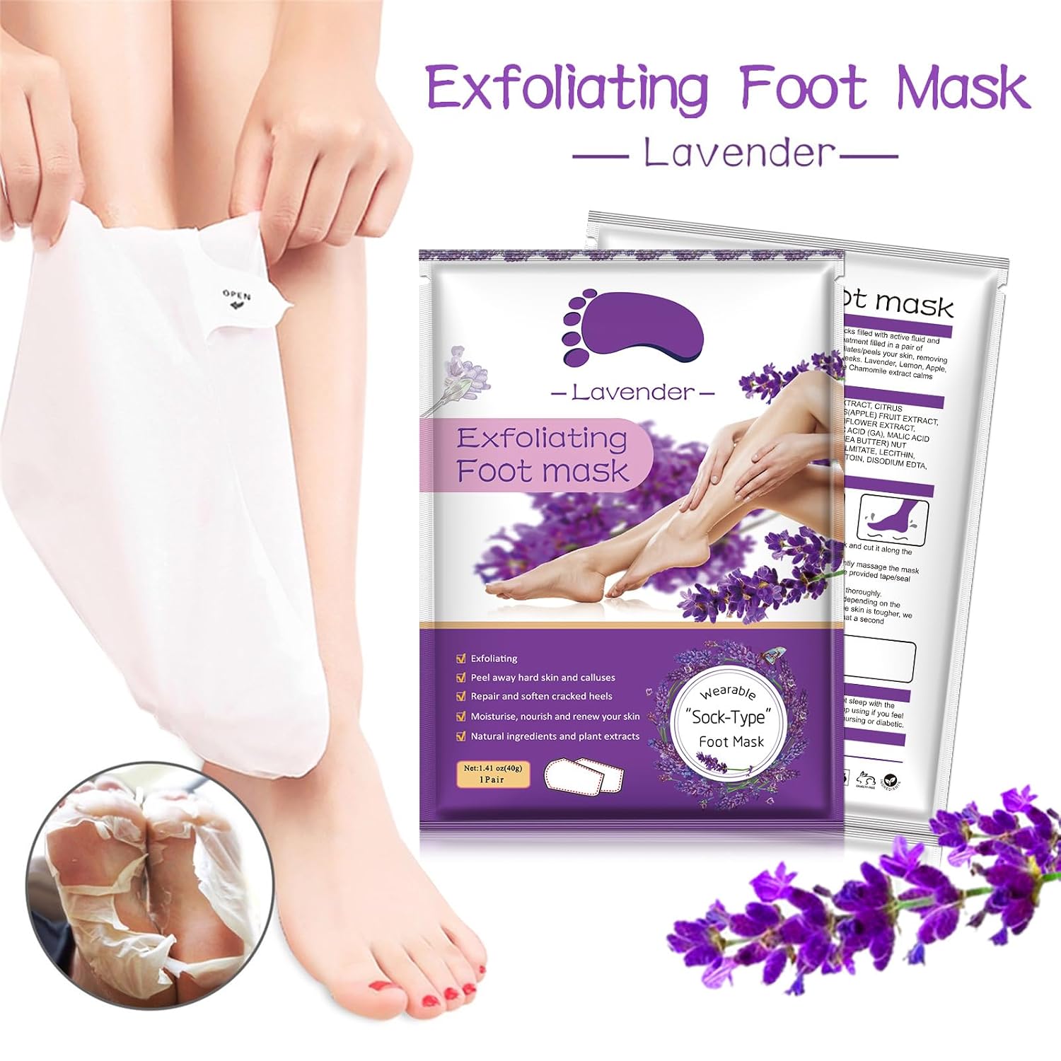 Foot Peeling Mask 5 Pack, Foot Peel Mask Remove Dead Skin, Rough Callus and Cracked Heels, Dry Skin Moisturizer for