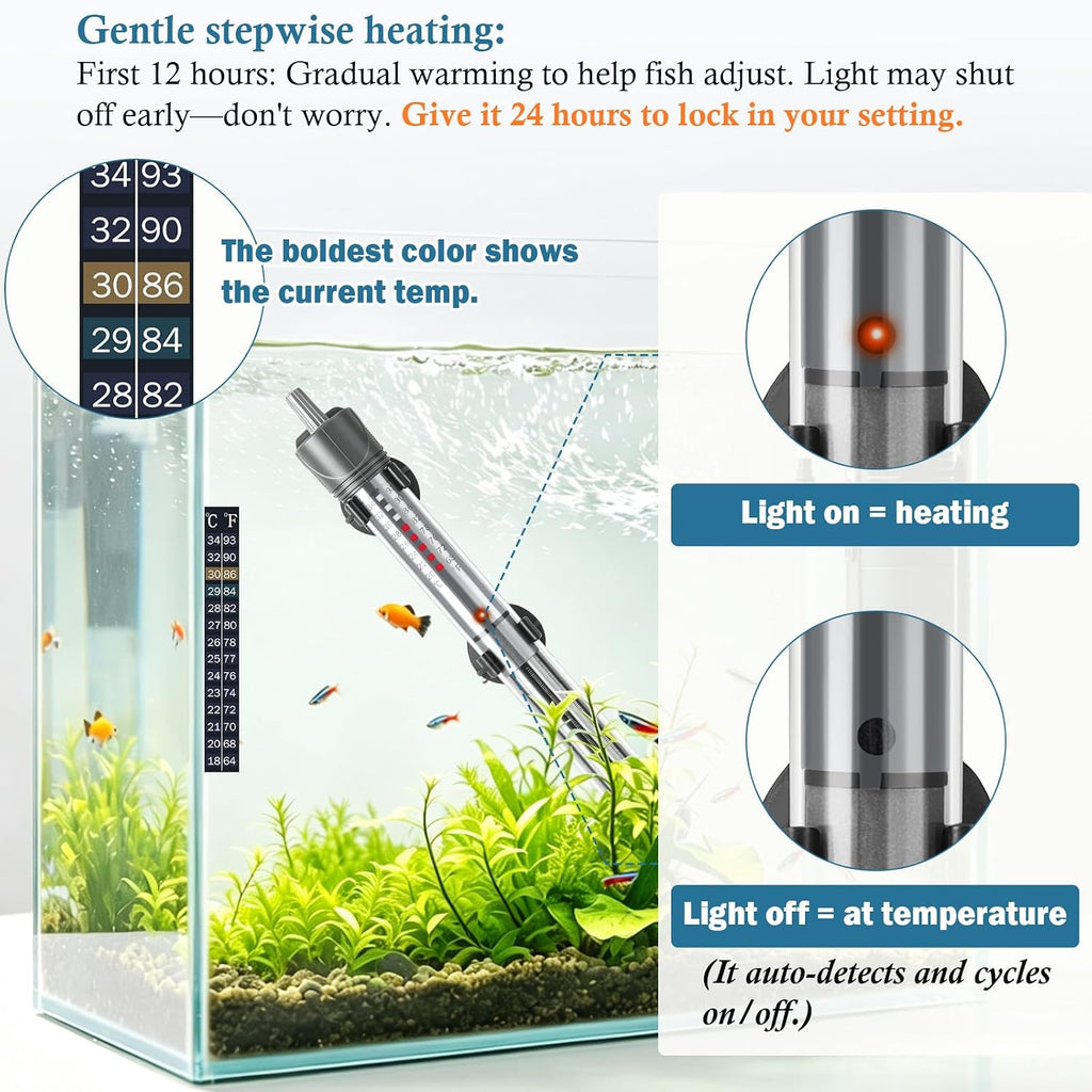 100W Adjustable Aquarium Heater, Submersible Fish Tank Heater Thermostat with Suction Cups for 12-30Gal