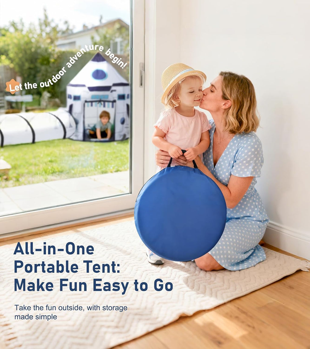 Kids Play Tent with Tunnel & Ball Pit, 3-Piece Pop Up Rocket Ship Tent Set, Indoor Outdoor Playhouse for Boys &
