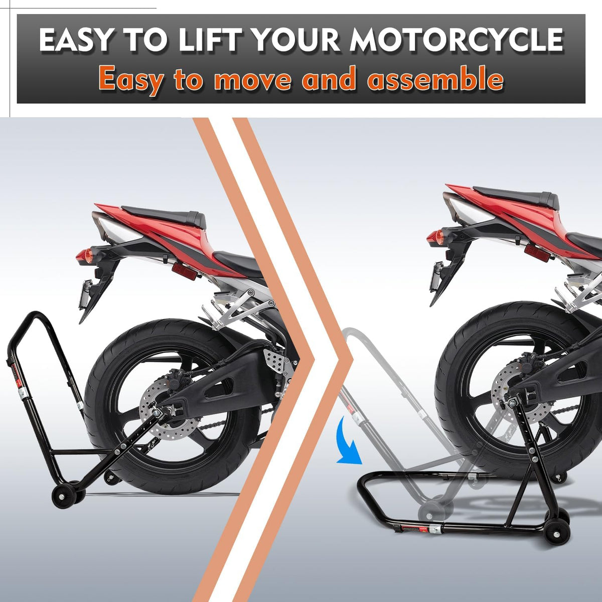 Motorcycle Stand 850LB Adjustable Sport Bike Rear Wheel Lift Swingarm Paddock Stands Black, 5 Adjustable Heights, U+L