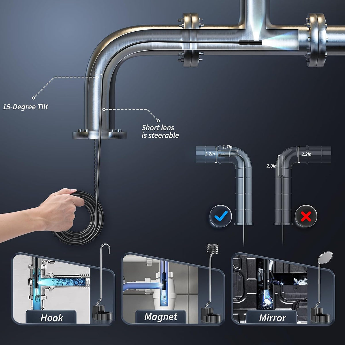 Endoscope Camera with Light, 1920P HD Borescope Tools, Dual Lens(16.5FT)