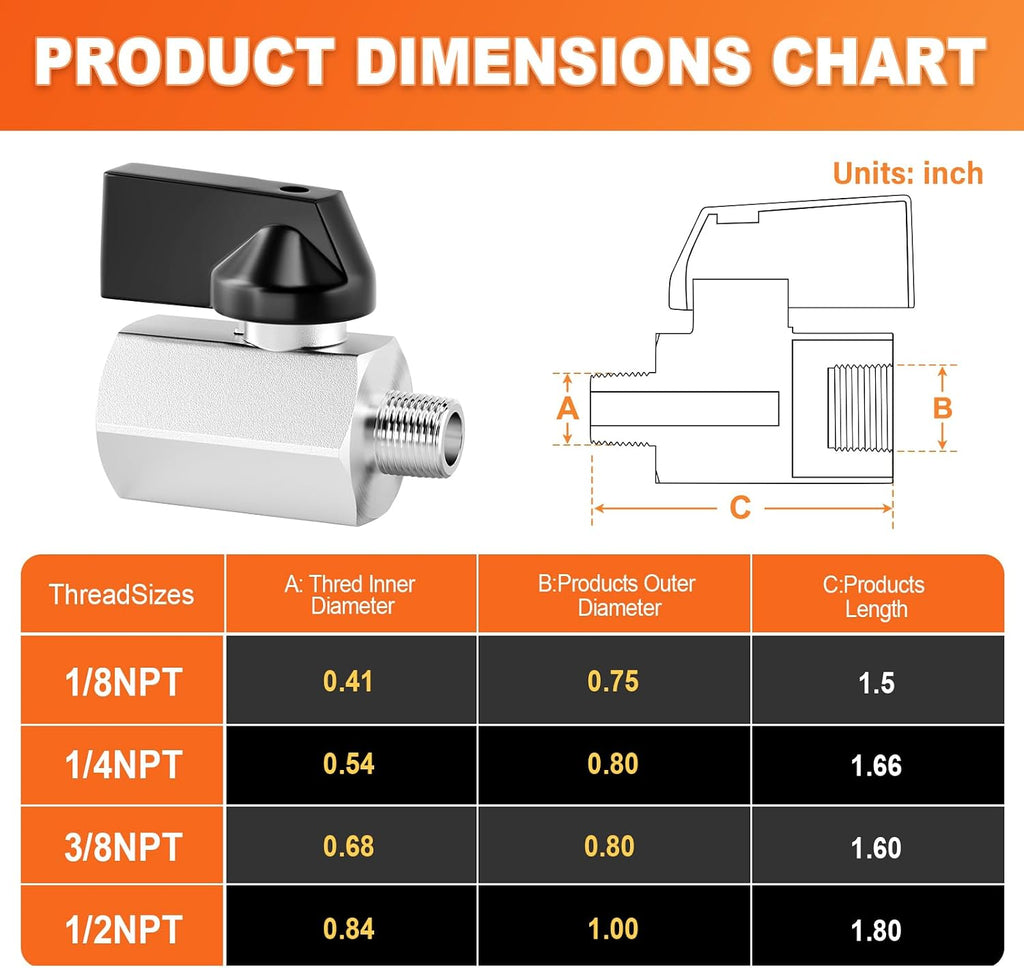 GASHER 6PCS 1/4"NPT(F x M) Nickel Plated Brass Mini Ball Valve