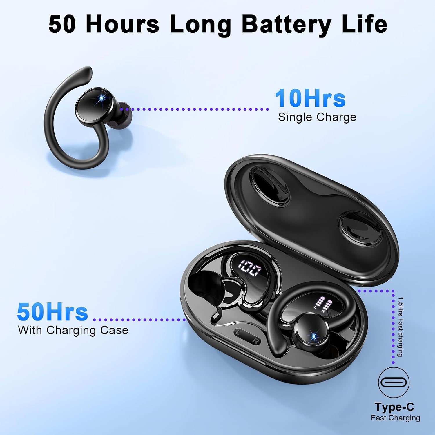Wireless Earbuds, Bluetooth 5.4 Headphones Sport, 50H Deep Bass Sound Over Ear Buds with 4 ENC Noise Cancelling Mic