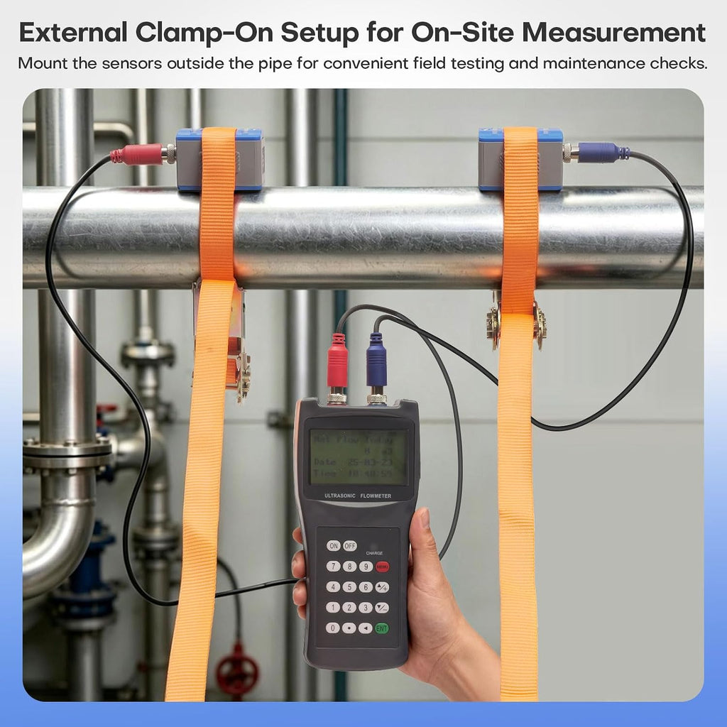 Handheld Ultrasonic Flow Meter Kit, Portable Clamp-on Liquid Flowmeter with 3 Transducer Sets, DN15-DN6000 Pipe Range, RS232 Data Logging, Non-Invasive Water Flow Meter