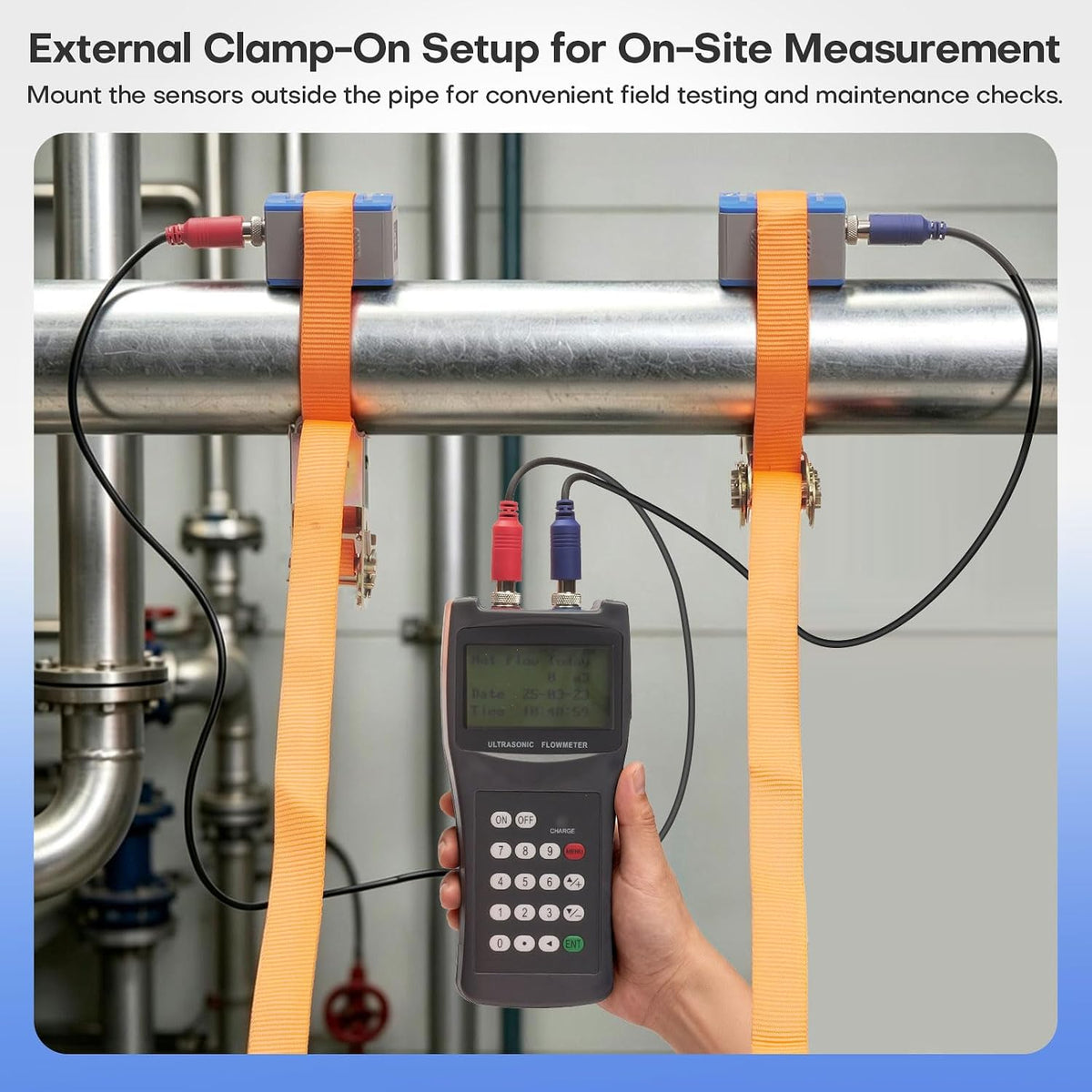 Handheld Ultrasonic Flow Meter Kit, Portable Clamp-on Liquid Flowmeter with 3 Transducer Sets, DN15-DN6000 Pipe Range, RS232 Data Logging, Non-Invasive Water Flow Meter